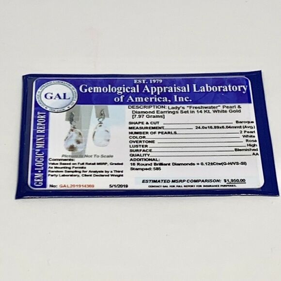 Diamond Large Fresh Water Pearl Earrings Baroque 14k Gold Certified $1950 914369 - Picture 9 of 9